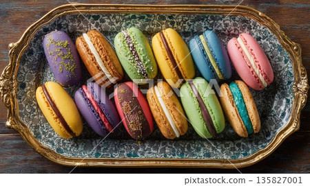 Colorful macarons and eclairs arranged on an ornate tray 135827001