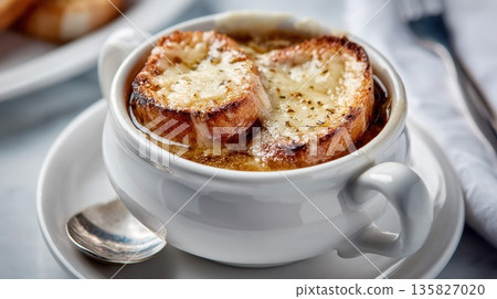 Classic French onion soup with melted cheese and croutons, ready to eat Classic French onion soup with melted cheese and croutons, ready to eat 135827020