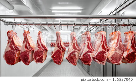 Fresh raw beef cuts hang in a clean, modern cold storage 135827040