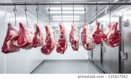 Raw beef cuts are hanging in a modern cold storage room 135827042