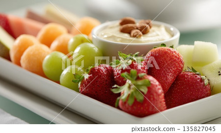 Delicious fresh fruit platter with a creamy almond dip 135827045