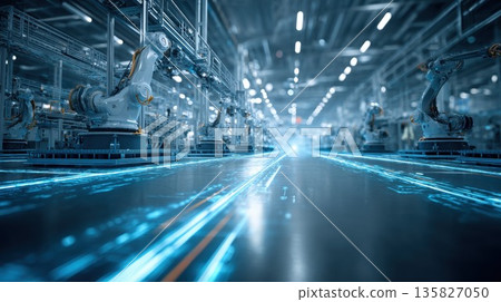 Robotic arms efficiently operate in a modern smart factory setting Robotic arms efficiently operate in a modern smart factory setting 135827050