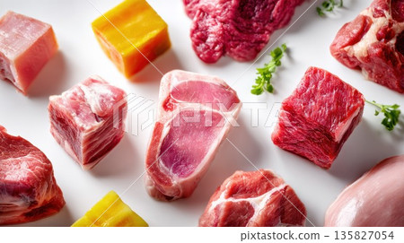 Fresh raw meat cuts and ingredients arranged for cooking 135827054