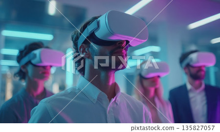 Man experiences immersive virtual reality in a futuristic setting Man experiences immersive virtual reality in a futuristic setting 135827057