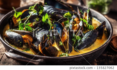Fresh mussels are cooked in a rich creamy sauce with green herbs 135827062