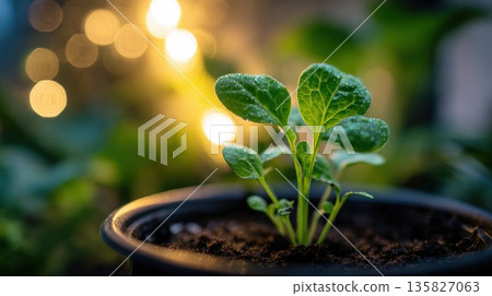 Young plant growing, illuminated by warm bokeh lights Young plant growing, illuminated by warm bokeh lights 135827063