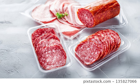 Various sliced salami and cold cuts are displayed in plastic packaging 135827066
