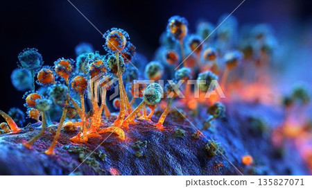 Vibrant microscopic organisms multiply on a textured surface 135827071