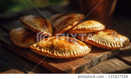 Delicious golden brown empanadas resting on a wooden board Delicious golden brown empanadas resting on a wooden board 135827109
