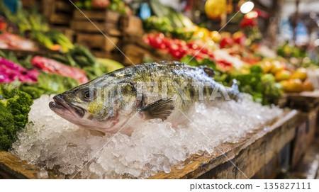 Fresh fish displayed on ice at a vibrant market stall Fresh fish displayed on ice at a vibrant market stall 135827111