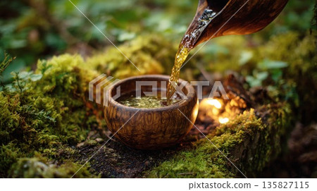 Golden liquid pours from wooden vessel into bowl on moss Golden liquid pours from wooden vessel into bowl on moss 135827115