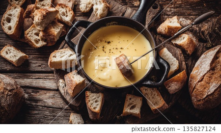 A delicious cheese fondue is served with toasted bread cubes A delicious cheese fondue is served with toasted bread cubes 135827124