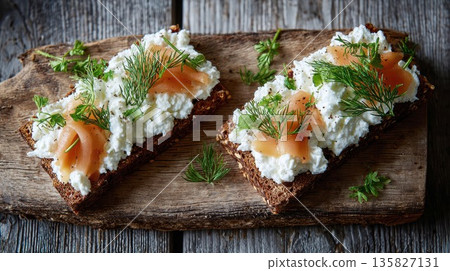 Appetizing salmon and cottage cheese rye bread snacks Appetizing salmon and cottage cheese rye bread snacks 135827131