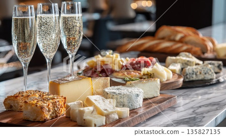 Three glasses of champagne sit next to a cheese board with various cheeses 135827135