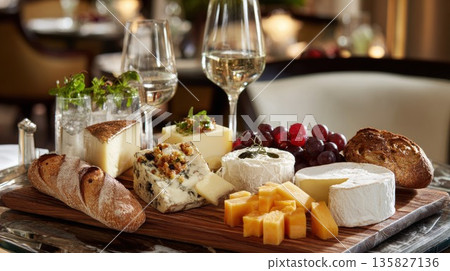 Gourmet cheese board served with wine in an elegant setting 135827136