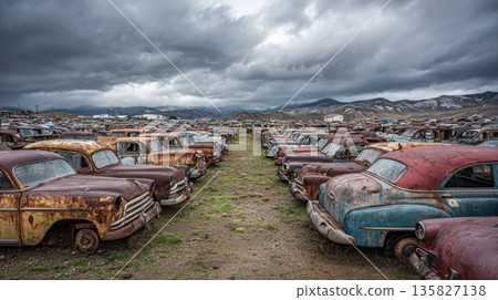 A vast collection of rusty vintage cars sits in a remote junkyard under a stormy sky A vast collection of rusty vintage cars sits in a remote junkyard under a stormy sky 135827138