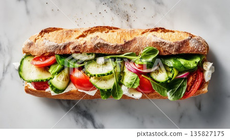 Vibrant baguette sandwich filled with fresh garden vegetables Vibrant baguette sandwich filled with fresh garden vegetables 135827175