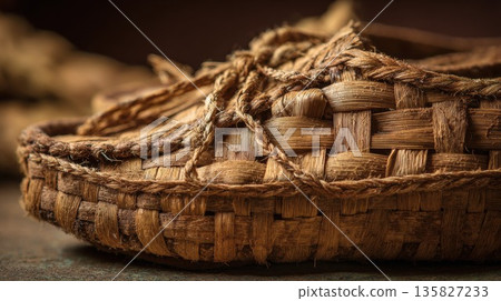 Intricate woven straw texture highlights traditional craftsmanship 135827233