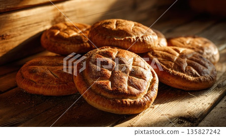 Freshly baked artisan bread rests on a rustic wooden table 135827242