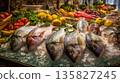 Fresh fish displayed on ice at a vibrant market stall 135827245