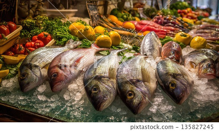 Fresh fish displayed on ice at a vibrant market stall Fresh fish displayed on ice at a vibrant market stall 135827245