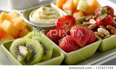 Fresh fruit platter with strawberries, kiwi, melon and dip 135827249