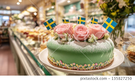 Swedish Princess cake decorated with roses in a bakery display 135827250