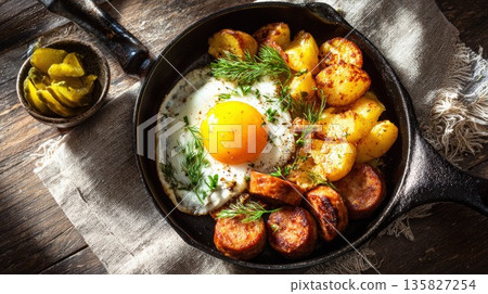 Fried egg with roasted potatoes and sausage in a cast iron skillet 135827254