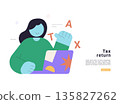 Flat vector illustration of a female person using laptop for tax return, modern minimal style with simple shapes, finance document and online taxation concept for web and app design. 135827262