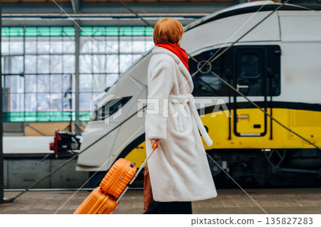 Redhead middle age woman in white fur coat pulling suitcase on railway station platform, boarding electric train, solo female traveler during winter commute, public transport, European travel moment Redhead middle age woman in white fur coat pulling suitcase on railway station platform, boarding electric train, solo female traveler during winter commute, public transport, European travel moment 135827283