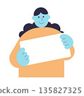 Flat illustration of woman holding blank paper sign for text, presentation or announcement, simple cartoon character with clean shapes and minimal modern design. 135827325