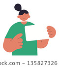 Flat illustration of woman holding blank paper sign for text or message, simple cartoon character with copy space, minimal modern design and clean shapes. 135827326