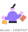 Flat illustration of woman holding shopping bags, happy cartoon character showing retail purchase and consumer lifestyle, minimal modern design with clean shapes. 135827327
