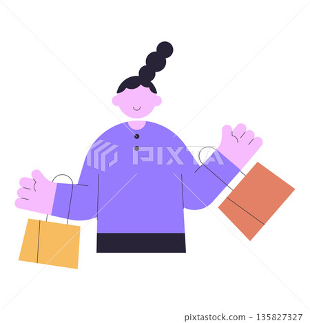 Flat illustration of woman holding shopping bags, happy cartoon character showing retail purchase and consumer lifestyle, minimal modern design with clean shapes. Flat illustration of woman holding shopping bags, happy cartoon character showing retail purchase and consumer lifestyle, minimal modern design with clean shapes. 135827327