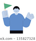 Flat illustration of person character holding green flag and showing success gesture, simple cartoon style representing achievement, goal, leadership, and motivation concept. 135827328