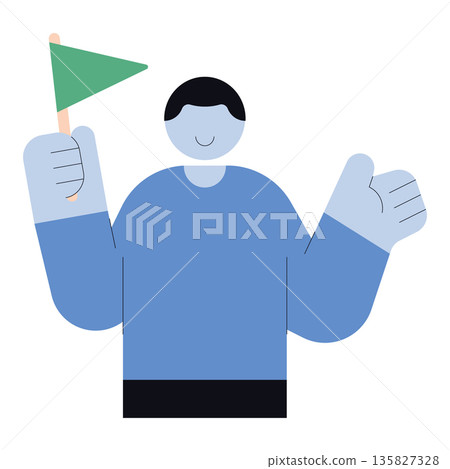Flat illustration of person character holding green flag and showing success gesture, simple cartoon style representing achievement, goal, leadership, and motivation concept. 135827328