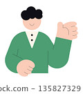 Flat illustration of male person character presenting with open hand gesture, simple cartoon style for presentation, explanation, introduction, business and communication concept. 135827329