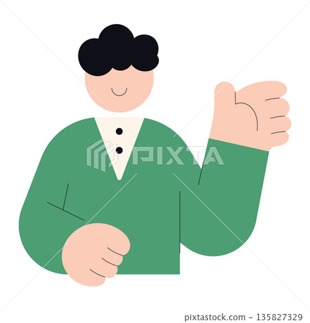 Flat illustration of male person character presenting with open hand gesture, simple cartoon style for presentation, explanation, introduction, business and communication concept. 135827329