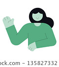 Flat vector illustration of a friendly female character waving hand, minimal modern style with simple shapes, pastel green color, clean design for web, app and presentation. 135827332