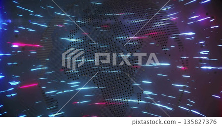 Spinning dotted digital globe glowing in abstract environment, with cyan and magenta light streaks Spinning dotted digital globe glowing in abstract environment, with cyan and magenta light streaks 135827376
