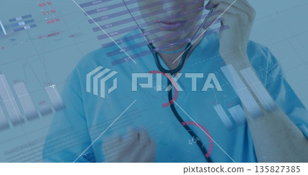 Holding stethoscope medical worker in blue scrubs listening at clinic, with floating digital charts 135827385