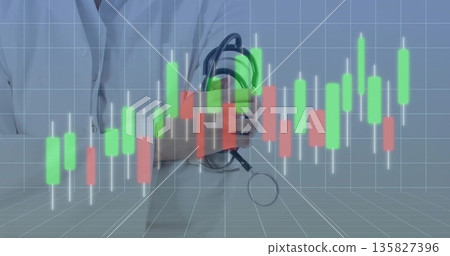 Doctor wearing lab coat holding stethoscope in clinical studio, with candlestick bars on grey grid Doctor wearing lab coat holding stethoscope in clinical studio, with candlestick bars on grey grid 135827396