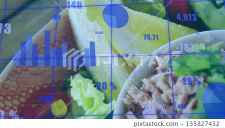 Salad bowl featuring shredded protein greens and lemon under data overlay on tabletop, copy space 135827432