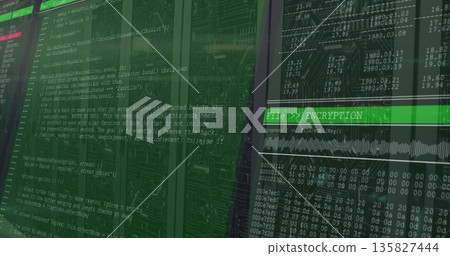 Displaying monitors showing code editor and encryption UI panel at data center, copy space 135827444