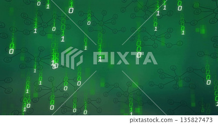 Cascading binary digits forming schematic network node diagrams in virtual environment, green theme Cascading binary digits forming schematic network node diagrams in virtual environment, green theme 135827473