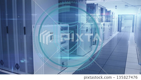 Showcasing single white server cabinet in data center aisle, with LED lights and raised floor tiles Showcasing single white server cabinet in data center aisle, with LED lights and raised floor tiles 135827476