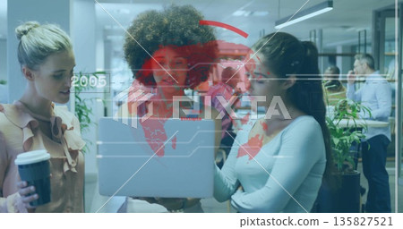 Three women examining laptop showing world map overlay in open-plan office, holding coffee cup Three women examining laptop showing world map overlay in open-plan office, holding coffee cup 135827521