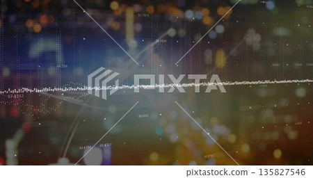 Displaying waveform chart moving across nighttime cityscape, with circular markers and gridlines Displaying waveform chart moving across nighttime cityscape, with circular markers and gridlines 135827546