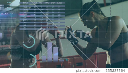 Standing boxers wearing sports bras and hand wraps in boxing ring, with data analytics overlay Standing boxers wearing sports bras and hand wraps in boxing ring, with data analytics overlay 135827564