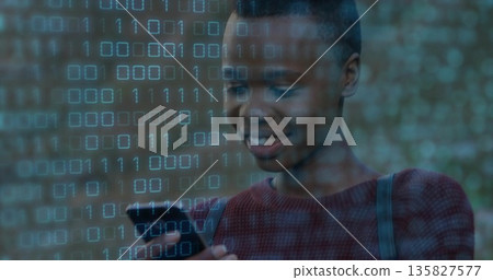 Woman wearing backpack and analyzing binary code overlay by brick wall, holding smartphone Woman wearing backpack and analyzing binary code overlay by brick wall, holding smartphone 135827577